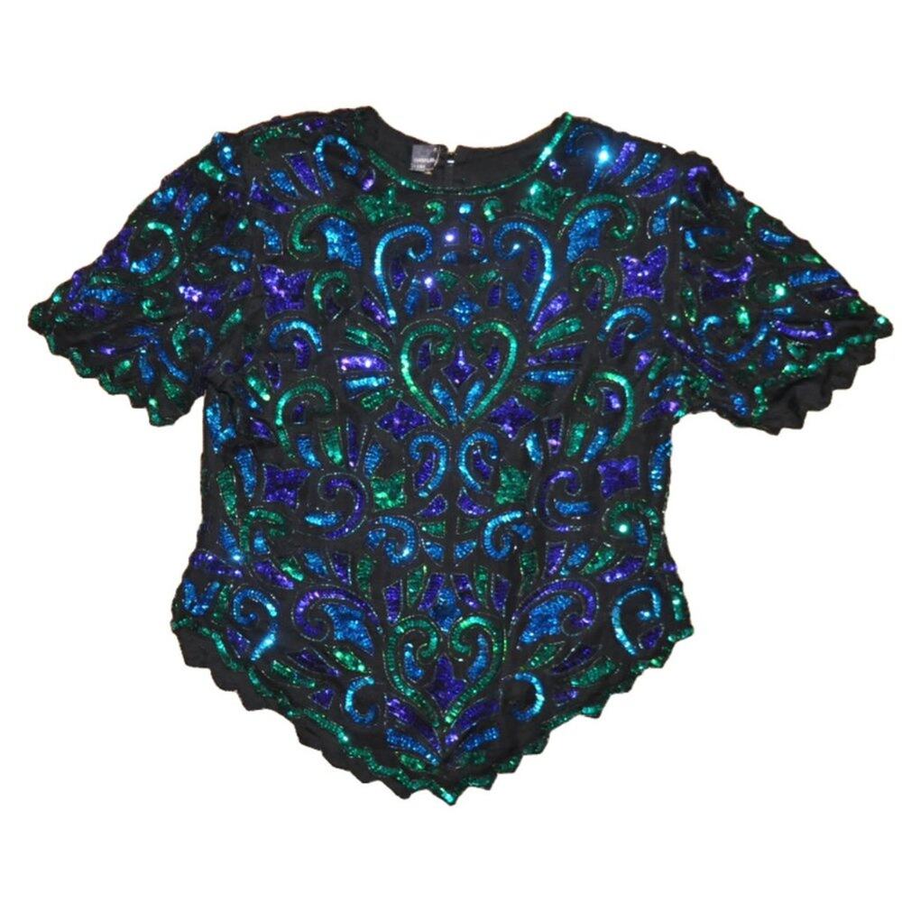 Vintage 1980s Laurence Kazar Blue, Green, Purple Sequined Top SZ M